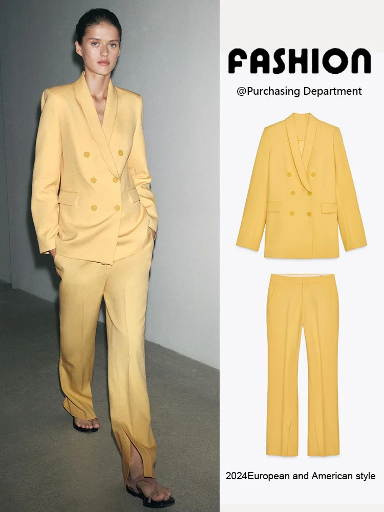 

Новый летний женский костюм: пиджак и расклешенные брюки, комплект из двух предметов, с длинными рукавами, длинные брюки, отложной воротник, модный рабочий ансамбль