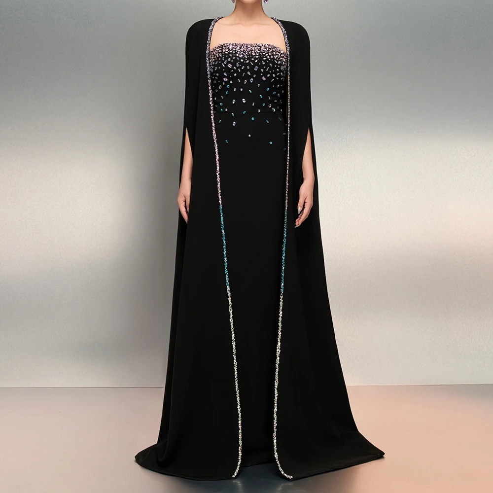 

Customized A-line Evening Dresses Floor-length Square Collar Full Sleeve Prom Gown Fashion Crystal Simple Draped Party Gown