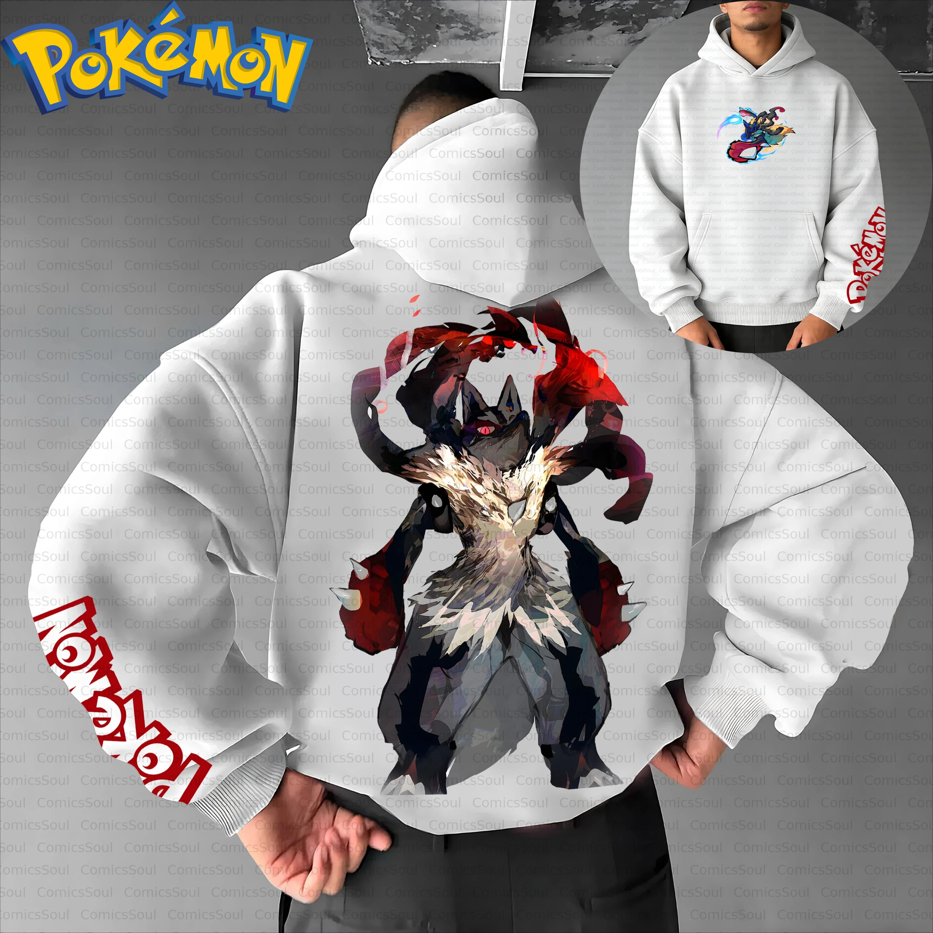 Conjunto de moletom com capuz Pokémon de algodão branco e calças Harajuku com estampa traseira de personagem de olhos vermelhos escuros e design de texto de manga roupa casual