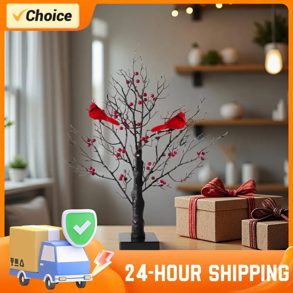 1-2 قطعة شجرة متوهجة خمر مع الكرادلة شجرة الطيور الحمراء ضوء شجرة وميض مصباح ل الطاولة محور عيد الميلاد ديكور المنزل الداخلي #4