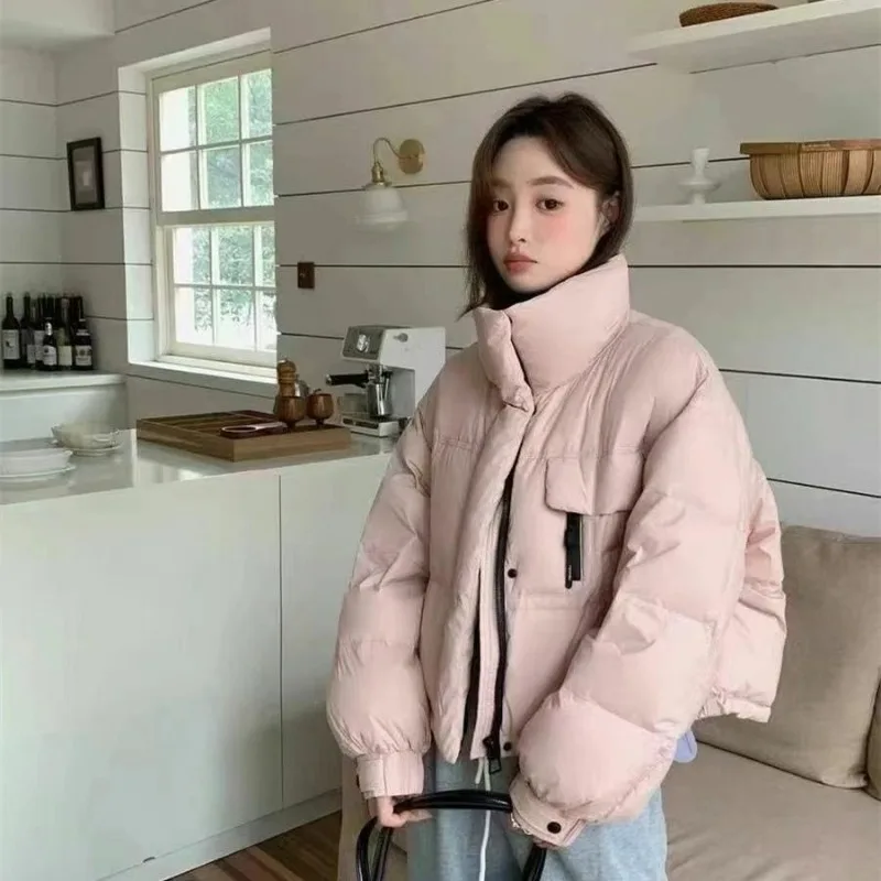 الشتاء الأبيض بطة أسفل سترة منتفخة للنساء الدافئة الوقوف طوق قصيرة أسفل معطف طويل الأكمام أعلى الرباط أسفل سترة النساء #1