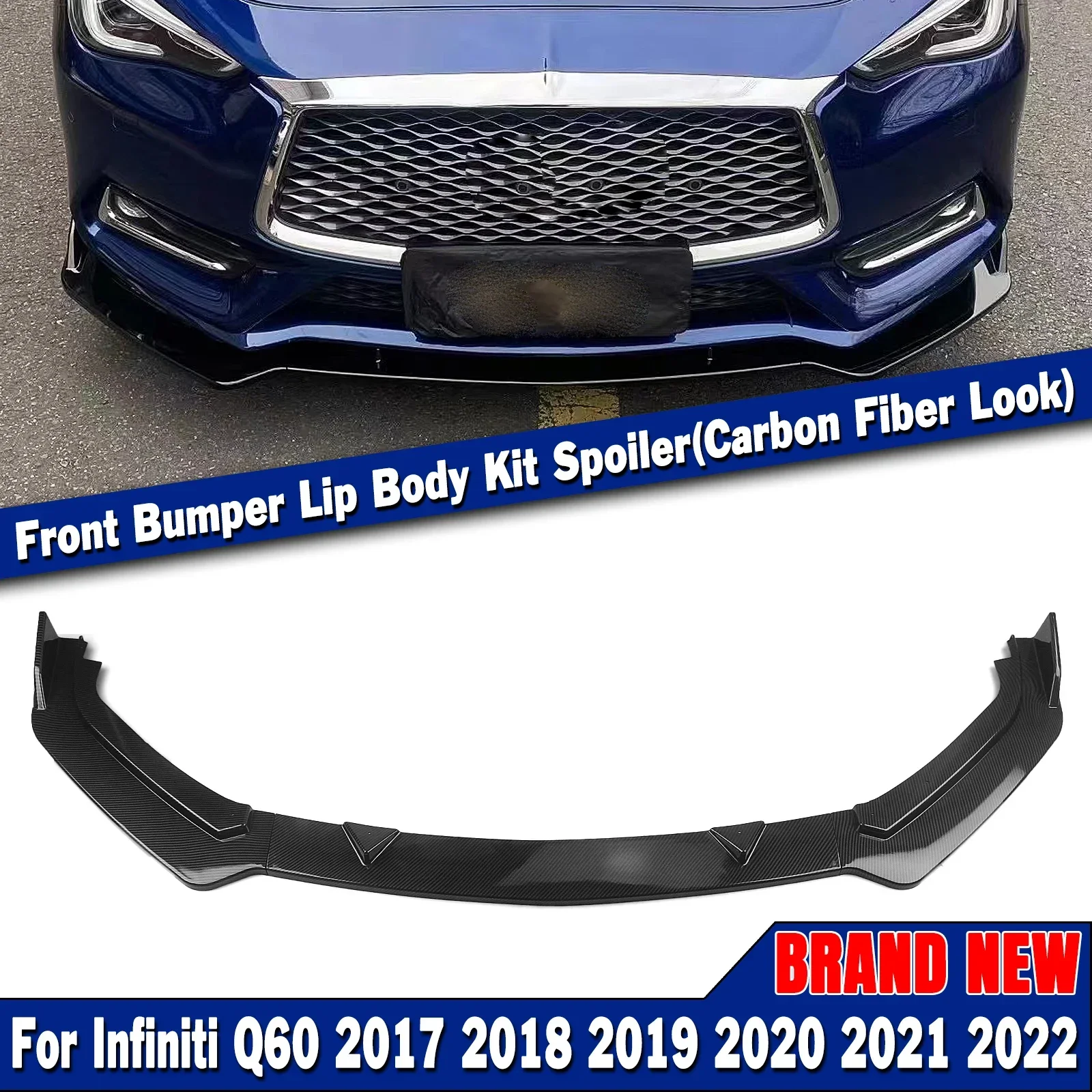 

New！ For Infiniti Q60 2017 2018 2019 2020 2021 2022 Front Bumper Spoiler Lip Splitter Carbon Fiber Look/Gloss Black Car Lower Bl