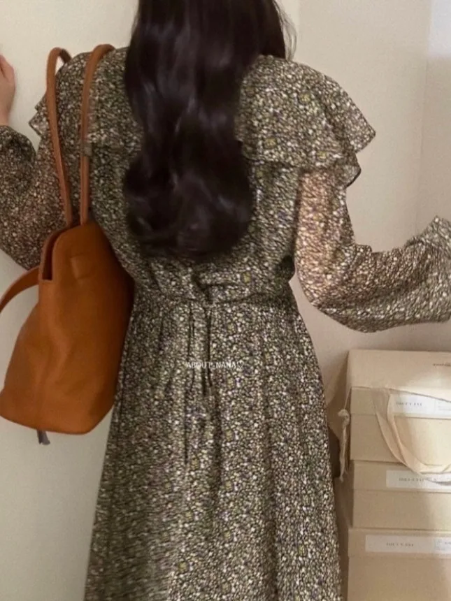 Vestido e Vintage con estampado Floral para primavera y otoño, vestido adeazante con cuello de volantes para mujer, ...