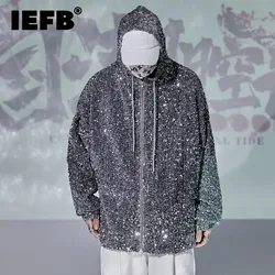 IEFB Personality Men's Jackets Casual Hooded Sequins Drawstring Zippers Solid Color Autumn Trendy Male Coats Niche Design 9C7100