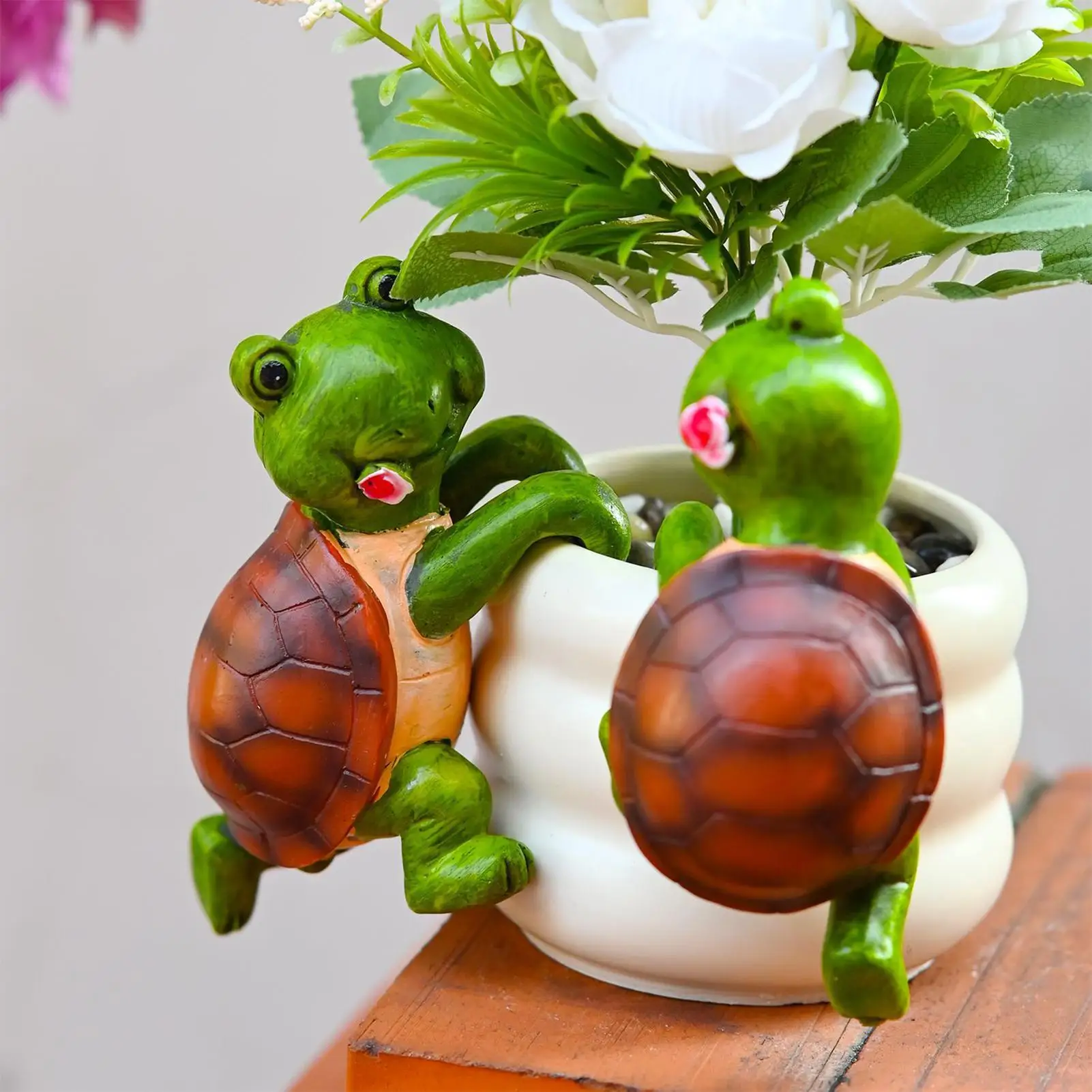 زينة وعاء النبات 2 قطع السلاحف تسلق مضيعة نعالها تمثال الحيوان للخارجية حديقة ساحة سياج الحديقة شرفة المنزل #4