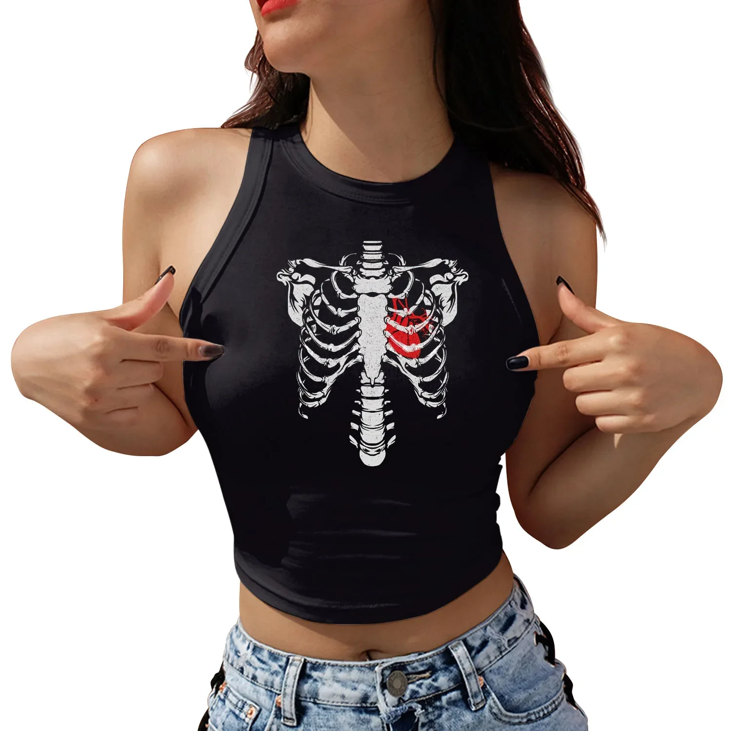 2024 Halloween Women Summer Sleeveless Crop Top Y2k Gothic Skeleton Pumpkin Skull Printed Streetwear Fitness Tops Tees