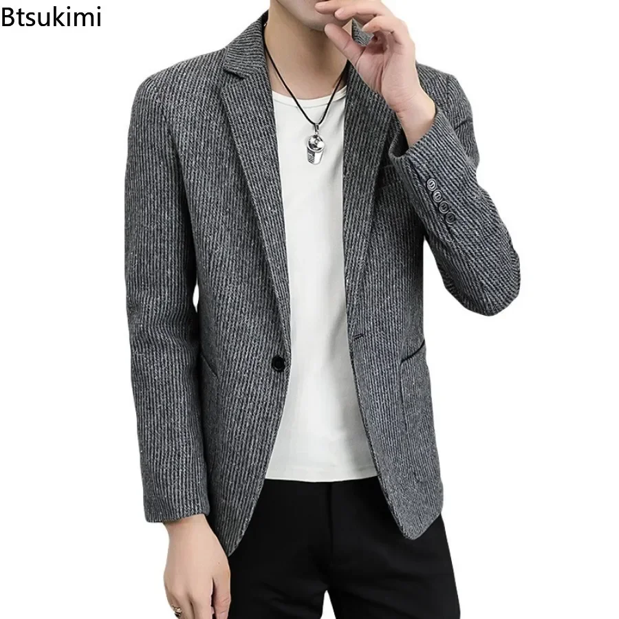 2025 High Quality New Korean Style Blazer Jacket Men's Fashion Handsome Slim Striped Suit Coat Men Business Casual Dress Blazers