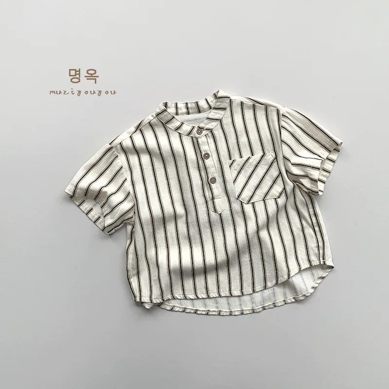 Summer Children Shirts 1-8Y Boys Cotton Striped Pocket Casual Short Sleeve Shirt Tops Korean Toddler Wear Kids Clothing 2024 New