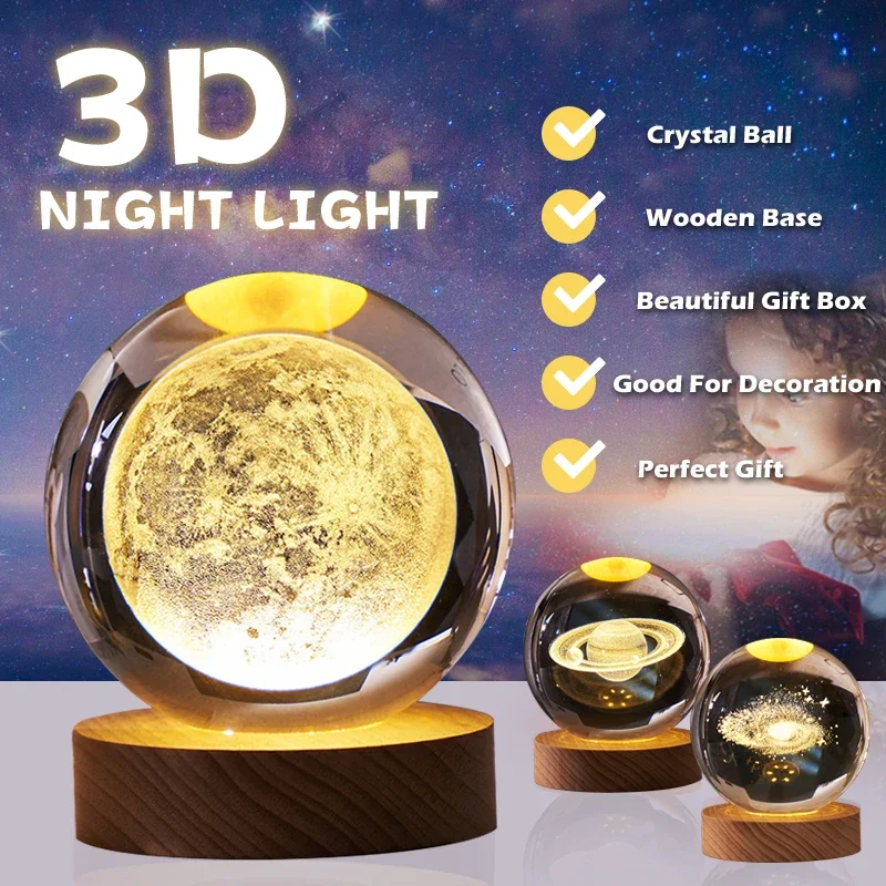 NIEUW Kerst Kristallen Bol Nachtlampje LED Galaxy Kinderen Lamp Voor Slaapkamer Ambient Creatief Cadeau Nacht USB Led Licht