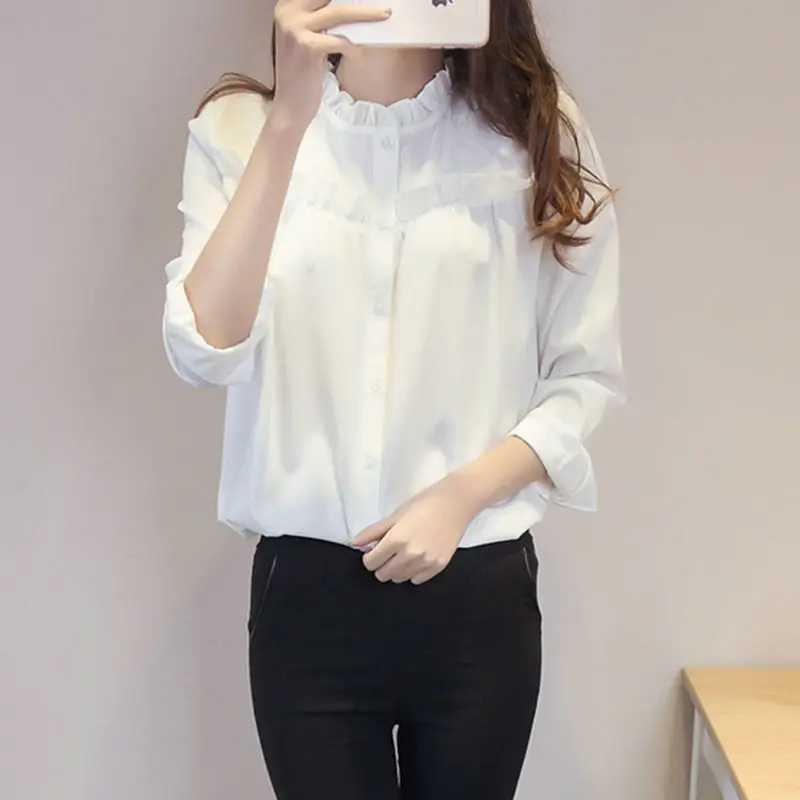 Elegant Solid Color Button Ruffle Shirts Women\'s Clothing 2024 Spring Summer New Loose Office Lady Tops Office Lady Blouses