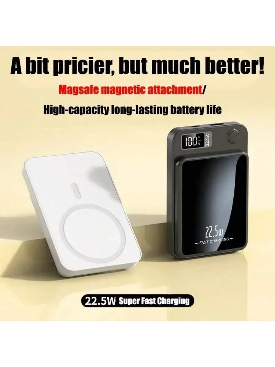 

Magnetic Wireless Power Bank 10000mAh 22.5W Fast Charger With LED Display USB-C & USB Outputs Qi Compatible