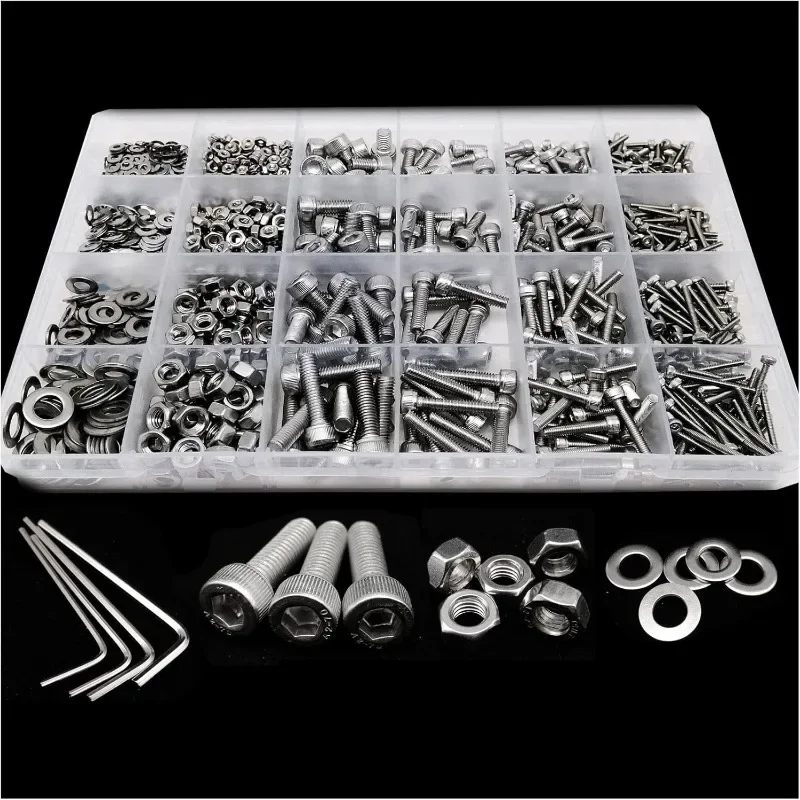 1140pcs Metric Machine Screw M1.6 M2 M2.5 M3 M4 M5 304 Stainless Steel Hexagon Hex Socket Cap Head Screw Bolt Nut Set Assortment