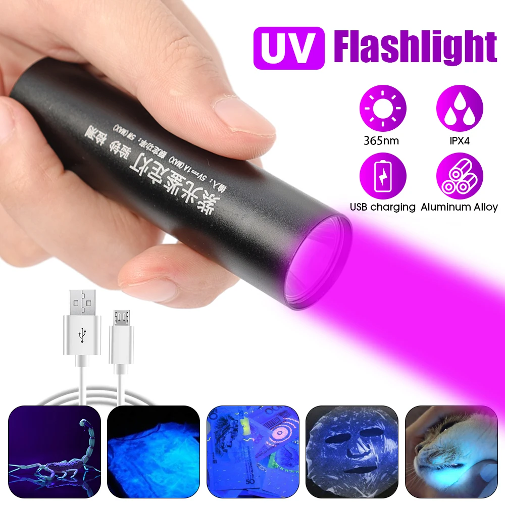 UV Flashlight LED Ultraviolet Torch USB Rechargeable Mini Ultra Violet Lights Inspection Lamp Pet Urine Stain Detector Tools