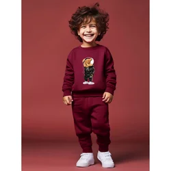 Boys round neck long sleeved hoodie set with cartoon earphones, teddy bear English letter printed versatile pants two-piec 2380A