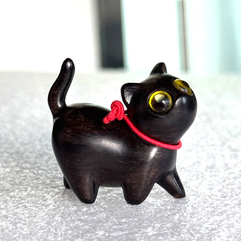 Wooden Carving Cute Yellow Eyed Slanted Head lucky cat Figurine Ornament Desktop Home Decoration office accessories funny gifts