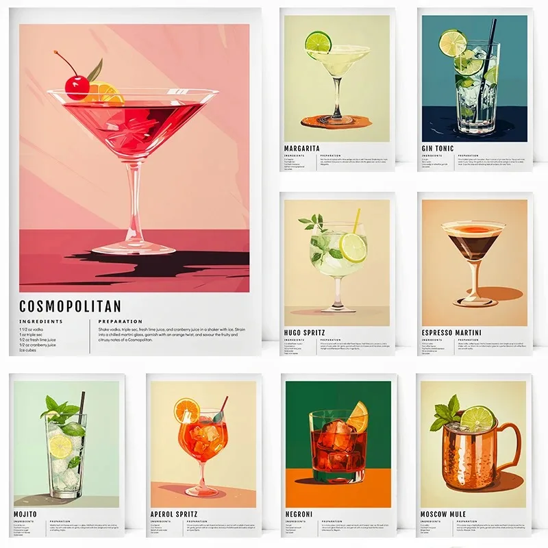 Classic Margarita Alcohol Hugo Spritz Aperol  Bar Cart Poster Print Wall Art Pictures Canvas Painting Living Room Home Decor