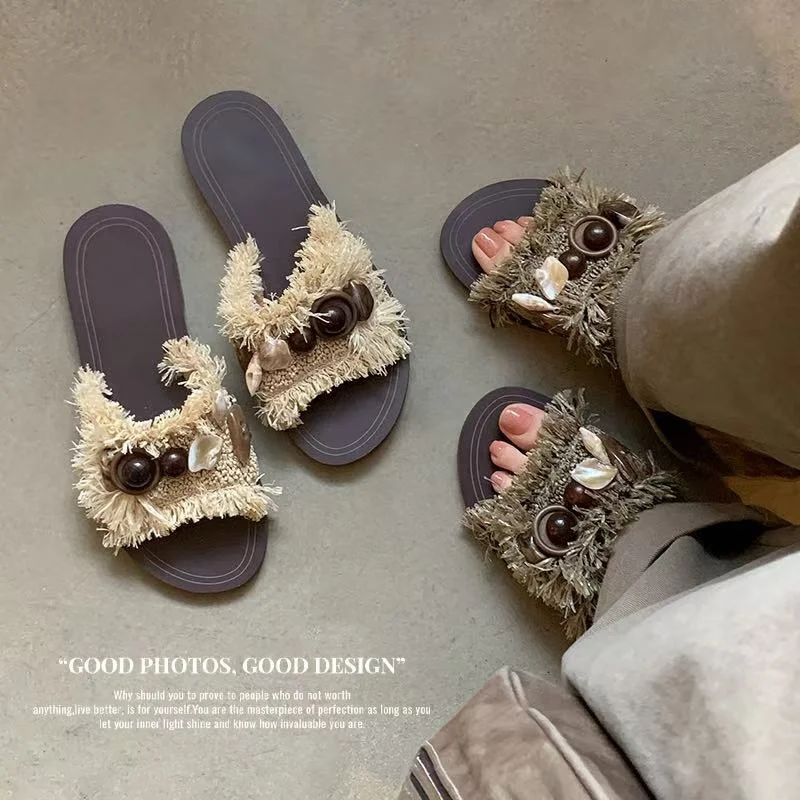 2026 new summer women sandals natural leather plus size 22-25cm PP grass+sheepskin+pigskin mules low heel women slippers fashion