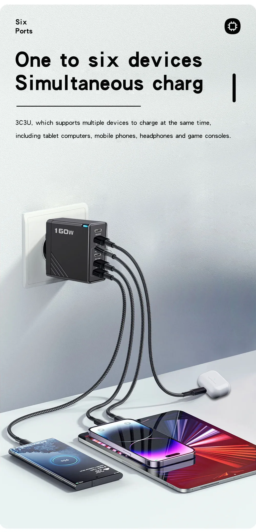 Black 160W 6 Port Fast Wall Charger UK Plug 3PD 3USB QC3.0 Multi Port Travel Charge For iphone samsung Tablet Laptop Smartphones
