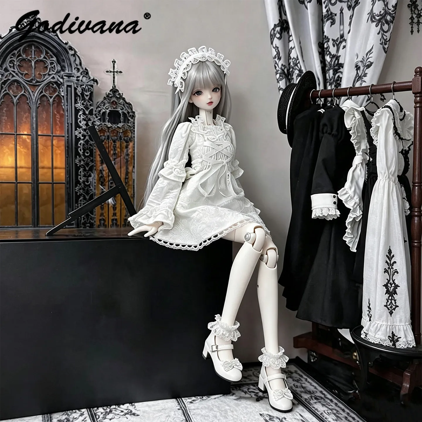 1/3 1/4 1/6 BJD Doll Clothes White Lace Lolita Dress Outfit Flare Long Sleeve Ruffle Vintage Gothic Lace Embroidery Dresses