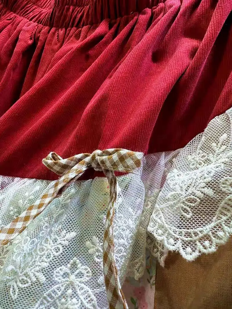 Mori menina feminina algodão retalhos babados rendas denim midi saia vintage retro chique cottagecore doce bonito lolita saia longa