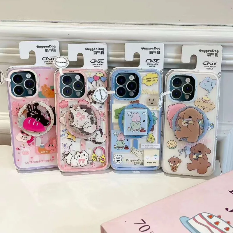 

Korea INS Comic Cartoon Cat Magnetic Stand Holder Bracket Phone Case For iPhone 16 Pro 15 13 14 Pro Max Cover Matte Shockproof