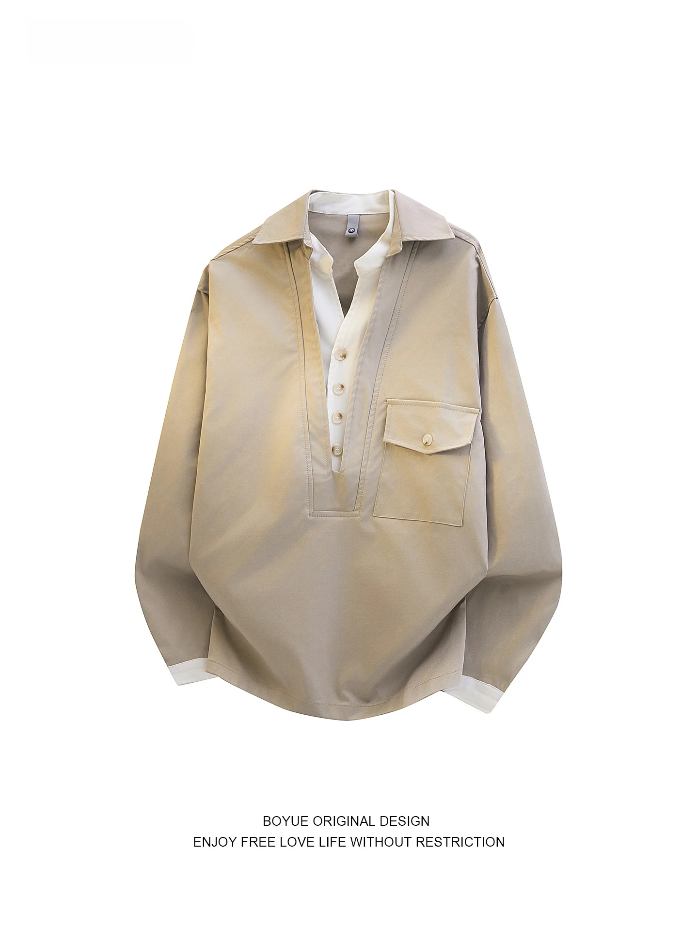 

Boyue Casual Deep V-Ne irt Youthful Splice Sle Men's Long Sve Loose Fit Faionable Workwear for Teens And Young Adults