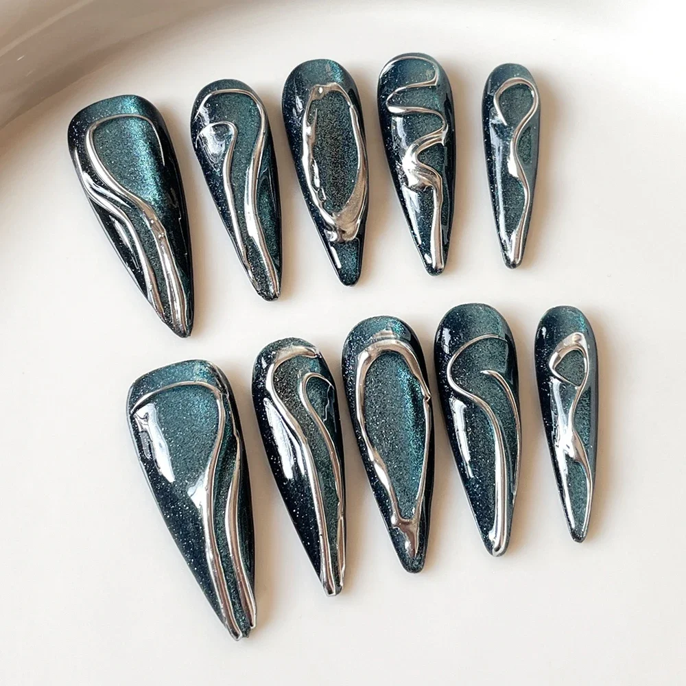 10Pcs Y2K Punk Style Handmade Long Stiletto Coffin Press On Nails Silver Magic Mirror Powder Flowers Butterfly Full Cover Nail