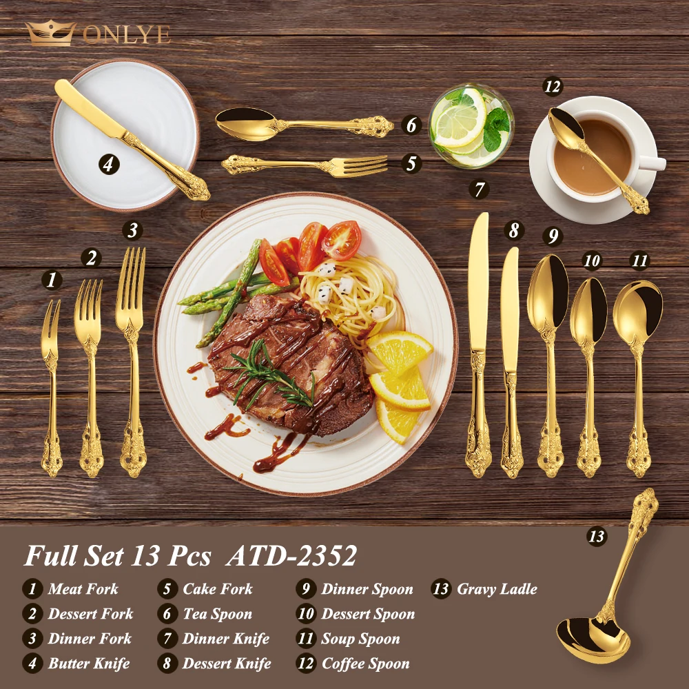 1Piece Luxury Gold PVD Vintage Stainless Steel Spoon Fork Knife Tableware Metal Utensils Golden Flatware Silverware Cutlery Set