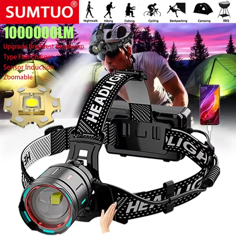 Upgrade 1000000LM Powerful 800W LED Headlamp Rechargeable Head Flashlight Digitals Display Headlamp Fishing Camping Head Lantern