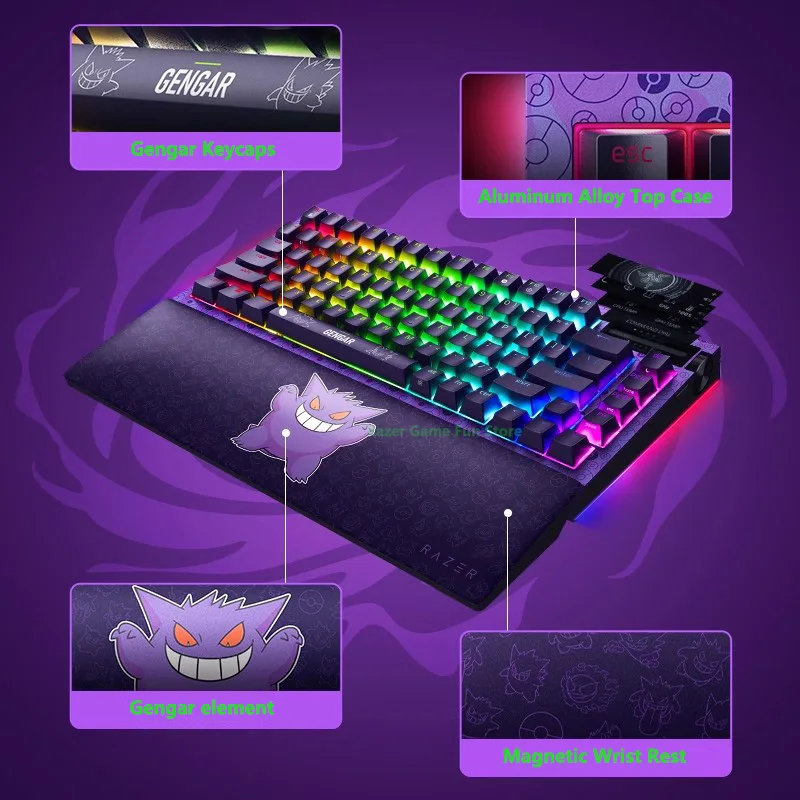 Razer Pokemon Gengar Edition BlackWidow V4 Pro 75%, teclado inalámbrico para juegos intercambiable en caliente, pantalla OLED con Dial de comando Razer