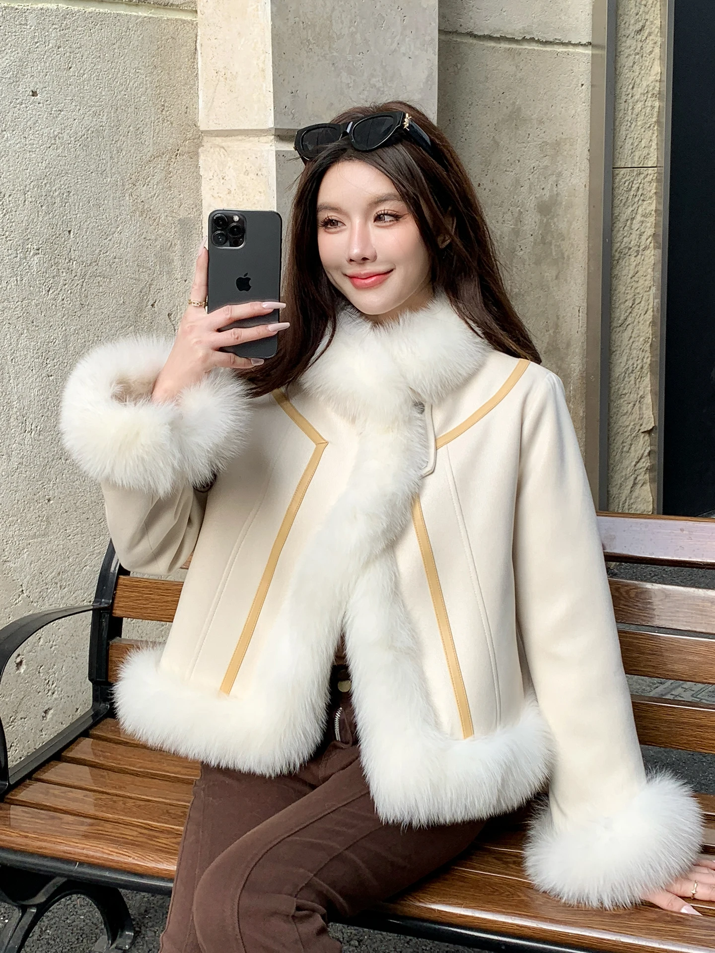 

Winter ort Fur Coat Women's down Jaet Comfortable Warm Pure Color Okasweii European Sle Loose Fit Fur Collar