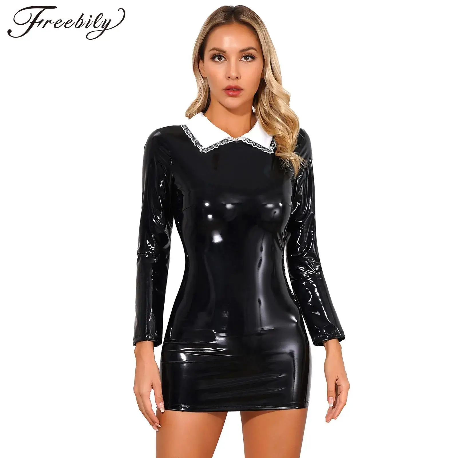 

Womens Glossy Patent Leather Mini Dress Sexy Maid Cosplay Costume Long Sleeves Zipper Latex Bodycon Dress Clubwear