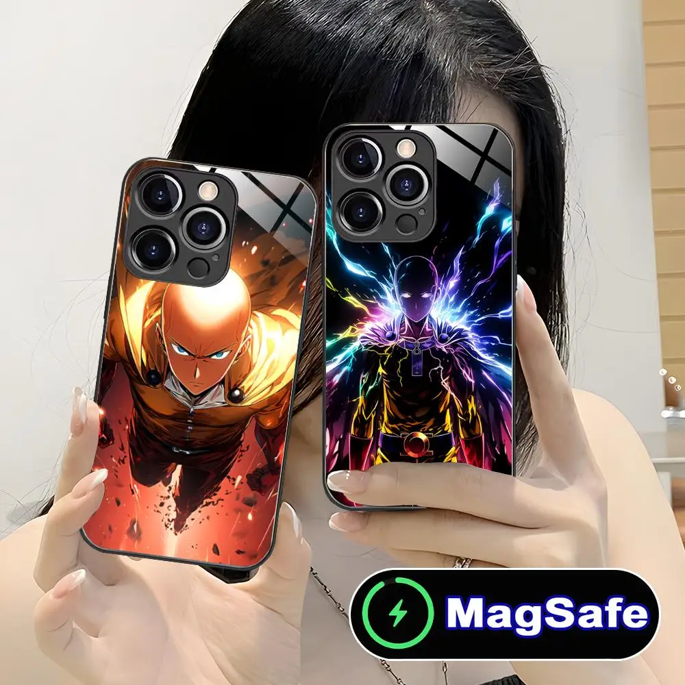 

Роскошный чехол для телефона с аниме-персонажем Сайтама для iPhone 17 16 15 14 13 12 11 Air Pro Max Plus Mini, стеклянный, цветной, с поддержкой MagSafe