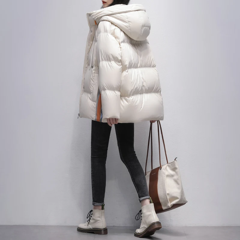 2023 Women Winter New Fashion White Duck Down Jackets Female Loose Solid Color Overcoats Ladies Thicken Warm Hooded Coats