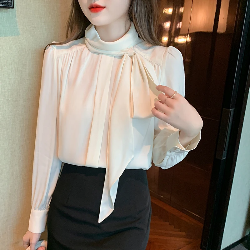 runway designer stylish red stand collar bow long sleeve red blouse for women spring summer OL fashion clothing vintage