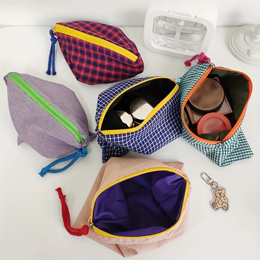 Nueva bolsa de maquillaje a cuadros para mujer, bolsa de algodón de gran capacidad con cremallera, bolso de mano de viaje, bolsa de maquillaje, neceser con cremallera cosmética femenina
