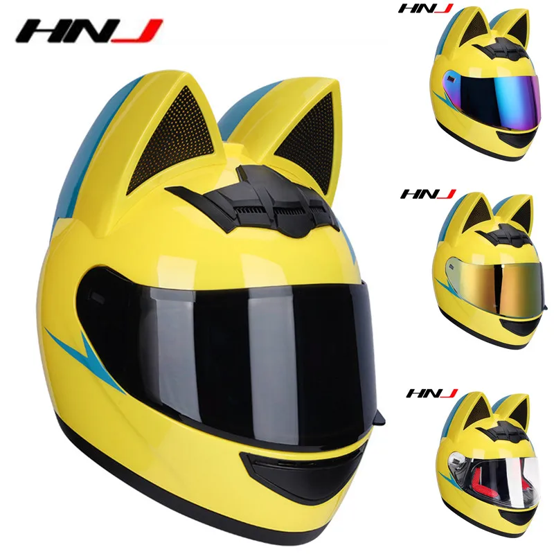 

HNJ Cat's Ears Motorcycle Helmet Women's Men's Summer Motorcycle Full Face Helmet with Bow and Helmet Braid DOT Approved