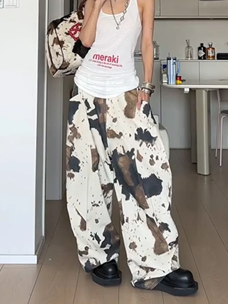 الأمريكية الرجعية الساخن فتاة تصميم المشمش البقرة نمط الجينز فضفاض واسعة الساق الطابق طول السراويل عارضة عالية الخصر الدنيم للنساء