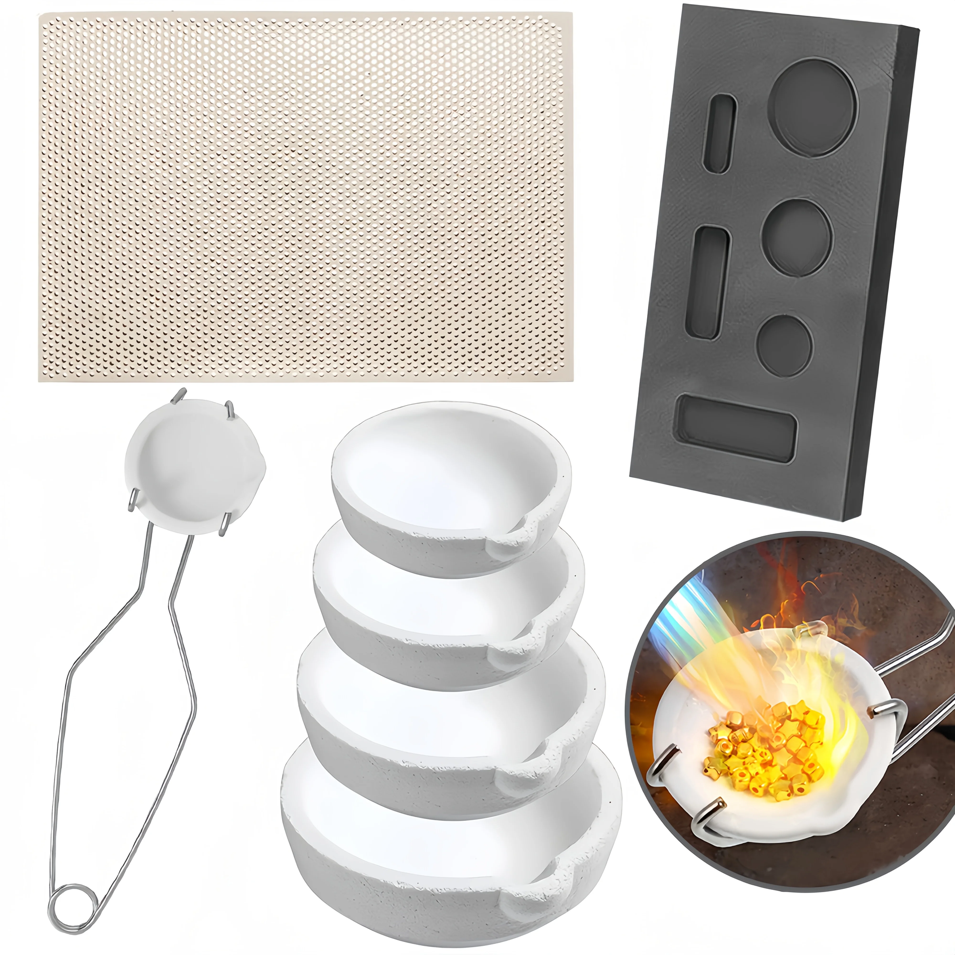 4-Piece/7-Piece Metal Melting and Casting Set, Includes 1 Honeycomb Heat-Insulating Welding Plate, a 6-Hole Mold, a Stainless Steel Quartz Bowl Clamp, 4 Quartz Bowls of Different Sizes, Mold Set, Jewelry, Metal DIY Kit, Ingot Welding Torch Set, Professional Casting, Metal Processing Supplies