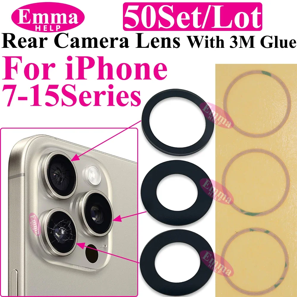 EmmaHelp 50sets Back Camera Glass for iPhone 14 13 12 11 Pro Max X XS XR 7 8 Plus Rear Camera Cover Lens with 3M Sticker Adhesiv