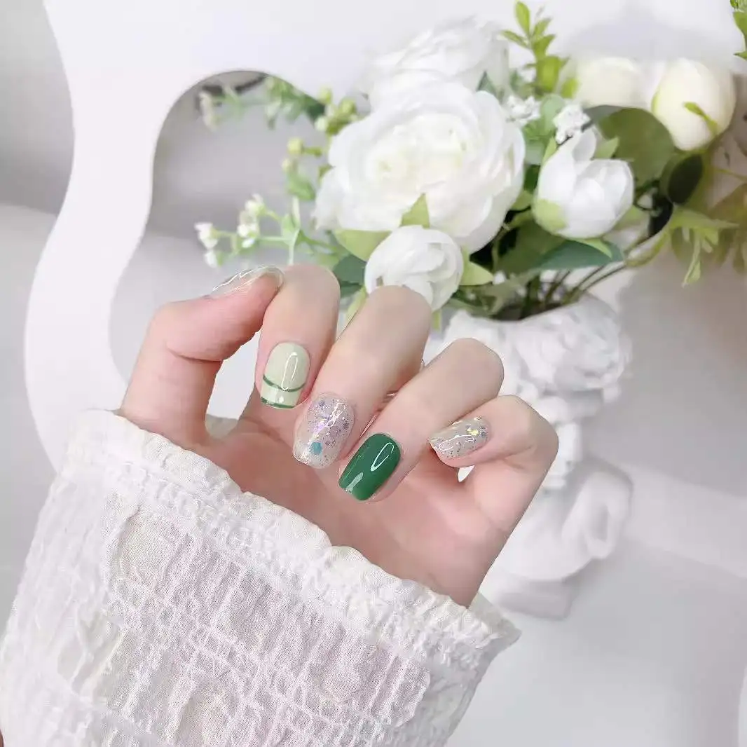 10pcs Handmade Press on Nails Green Butterfly Glitter Short Square False Nail for Women Girl Removable Wearable Fake Nail Art