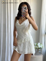 Sequin Ruffles Mini Dress Women Slim Cowl Neck Slip Dress Female Backless Summer Holiday Beach Club Party Short Solid Robe Lady