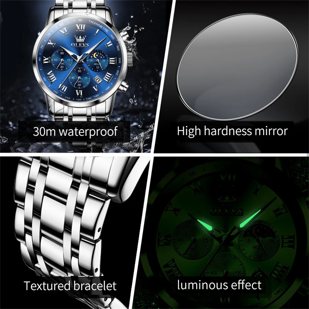 2024 OLEVS Top Brand Men\'s Watches Luxury Silver Blue Quartz Wristwatch Waterproof Luminous Moon Phases Watch for Men Date Clock