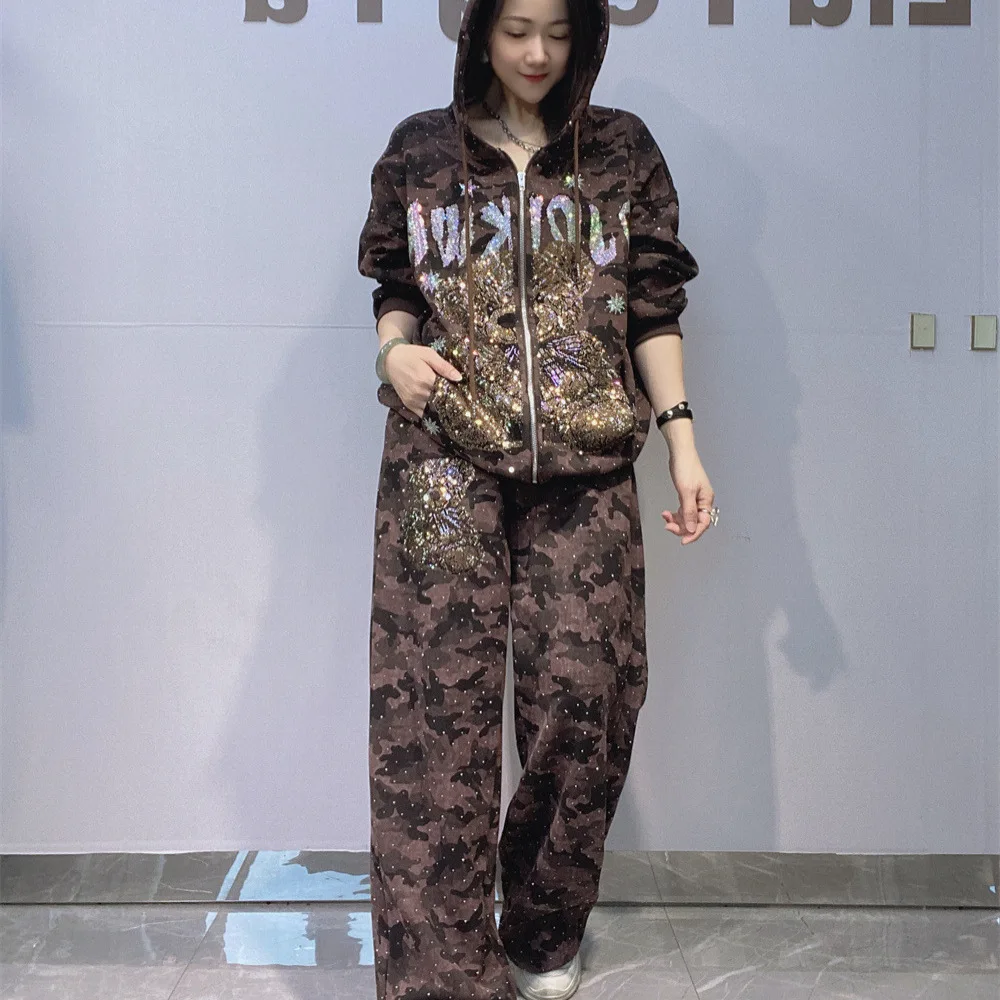 

Trendy Large Size Women Hoodie Sets Cartoon Diamonds Camouflage Zip Hooded Cardigans Coat + Loose Casual Straight Pants Suits