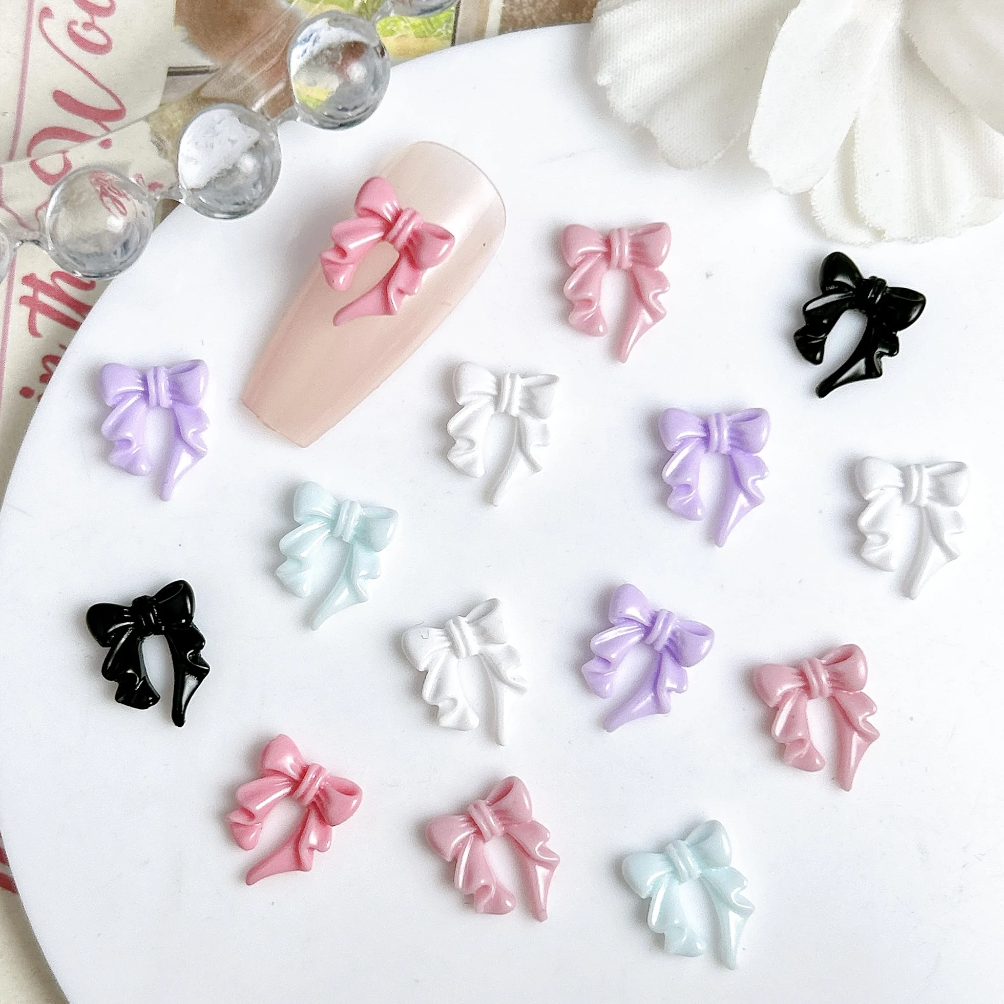 60PCS Macaron Colored Luminous Short Ribbon Bowknots Nail Charms Minimalist Creative Glossy Resin Bows Nail Art Decorations DIY