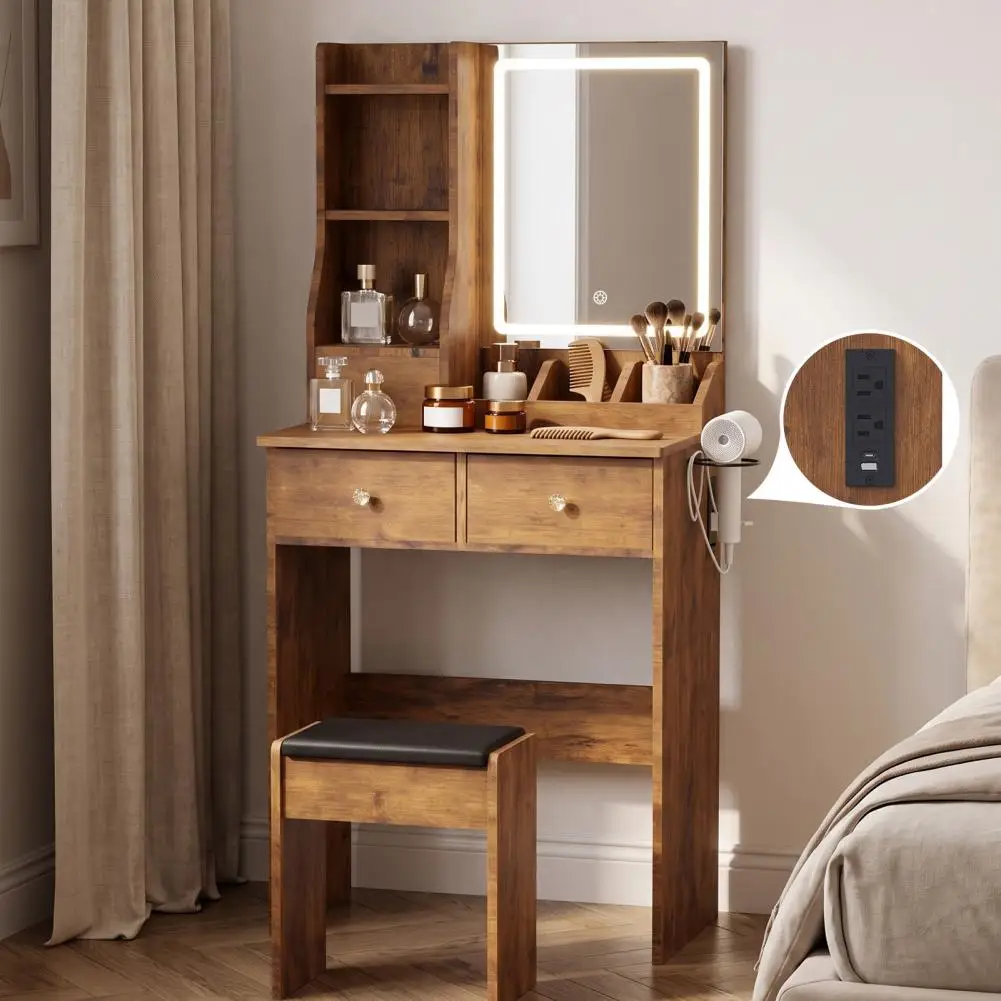 Modern LED Vanity Desk With Mirror Drawers Adjustable Lighting Space Saving Dressing Table For Bedroom Makeup Station