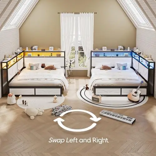 Queen Corner Bed Frame with Storage and Bookcase Headboard, Daybed with LED Light and Charging Station, Queen Size