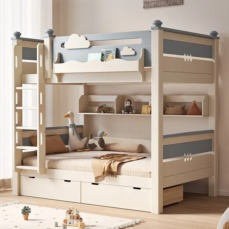 Solid Wood Bunk Bed Same Width Upper and Lower Beds High Low Bed for Boys Girls Two Layer Childrens Bed