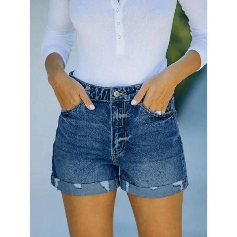 

‌2025 Mid-Rise Straight Denim Shorts - Dark Wash Cotton for Office & Casual Wear‌
