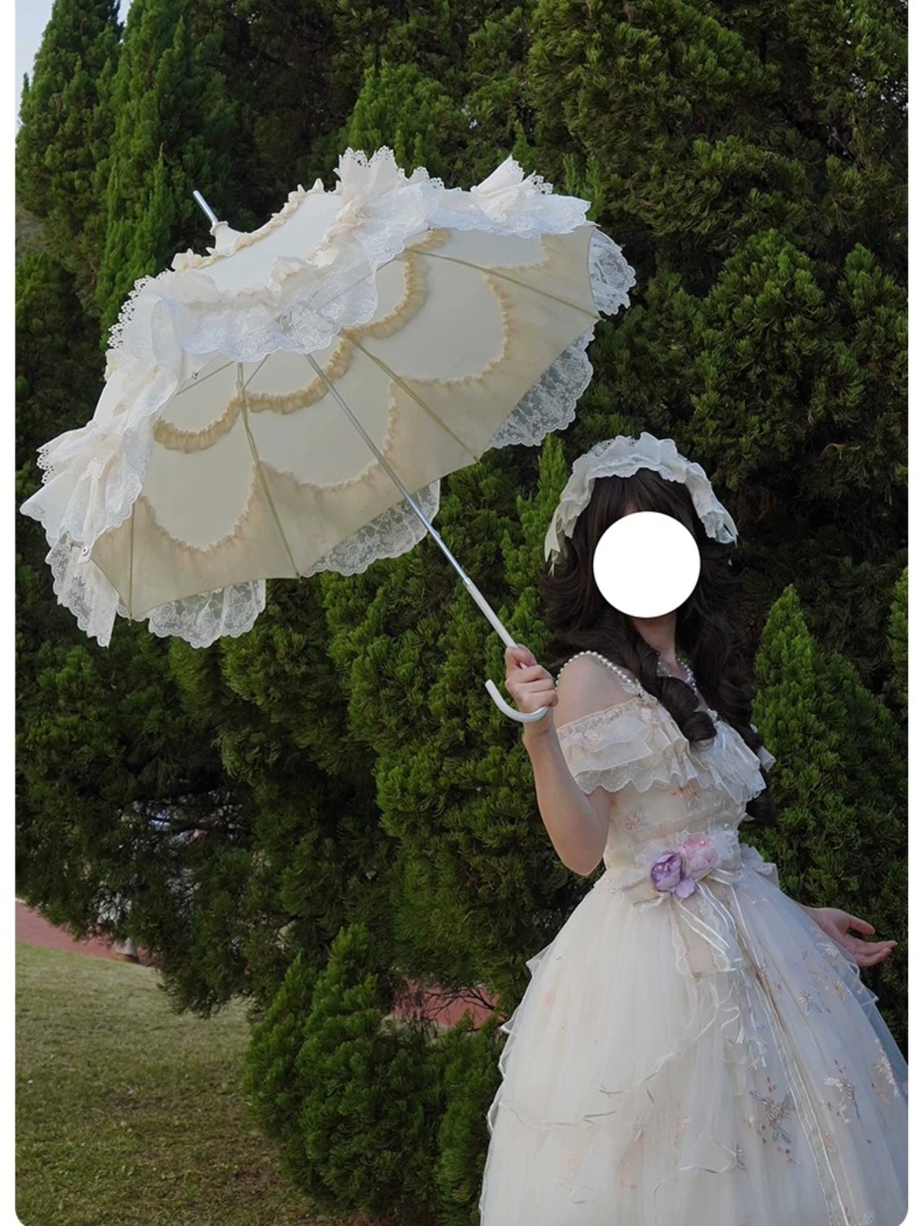 Off-white Lolita Decorative Long Handle Parasol, Lace Fringe Umbrella, UV Protection, Rain & Sun Dual Use